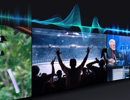 Three Samsung TV scenes showing a wind chime, a cheering crowd, and a news broadcast with sound waves illustrating AI Sound enhancement.