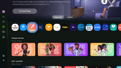 Samsung Smart TV menu highlighting the karaoke app icon.