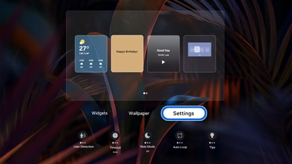 Samsung TV Daily Board interface showing the Settings tab selected with options like User Detection, Timeout, Night Mode, Auto Loop, and Tips.
