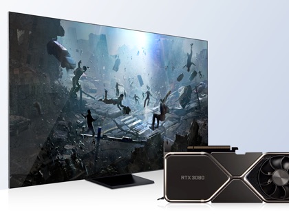 Samsung Smart TV displaying a cinematic action scene with an NVIDIA RTX 3080 graphics card positioned in front.