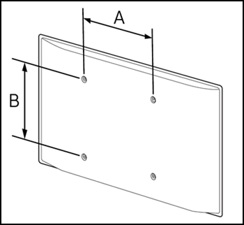 Diagram showing VESA mounting points on the back of a Samsung TV labeled with measurements A and B.