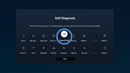 Self Diagnosis screen on a Samsung TV with Sound Test highlighted to check for audio issues.