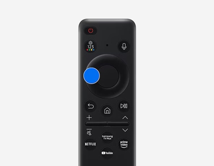 A black Samsung Smart TV remote control with a blue circle on the left navigation button.