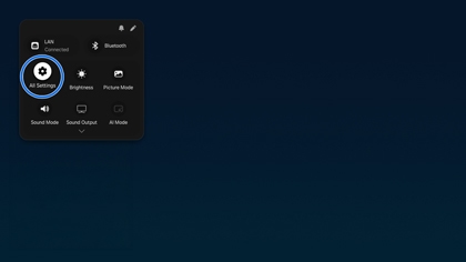 A Samsung TV displaying the settings menu on a city backdrop with All Settings highlighted.