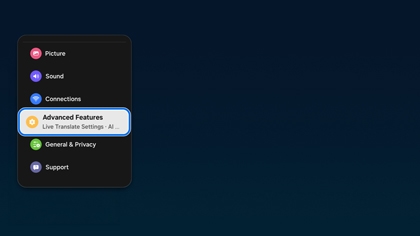 A Samsung TV displaying the settings menu with Advanced Features highlighted.