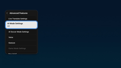 A Samsung TV screen showing the Advanced Features menu with AI Mode Settings highlighted.