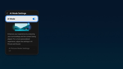 A Samsung TV screen showing AI Mode Settings with the toggle switch highlighted.