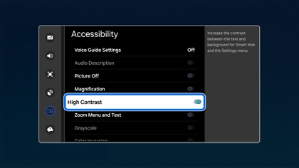 Samsung TV Accessibility settings screen with High Contrast mode toggled on to enhance menu visibility.