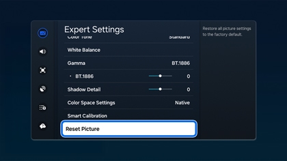 Expert Settings menu on a Samsung TV with Reset Picture highlighted to restore default picture settings.