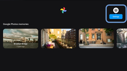 A Samsung Smart TV screen displaying Settings icon.