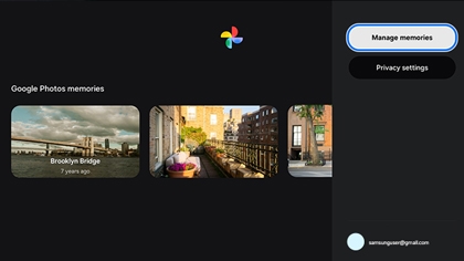 A Samsung Smart TV screen displaying a Manage memories option.
