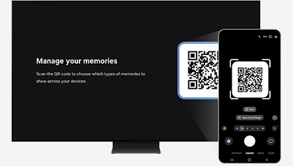 A smartphone scanning a QR code on a TV screen to connect to Google Photos.