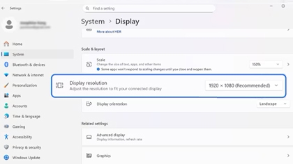 Display setting page with Display Resolution 1920 x 1080 highlighted on a TV.