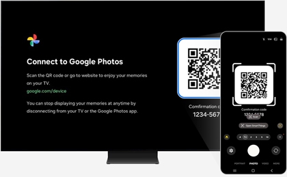 A smartphone scanning a QR code on a TV screen to connect to Google Photos.