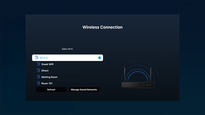Wi-Fi network selection screen on a Samsung TV during remote setup.