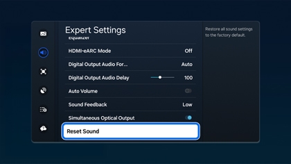 Reset Sound option highlighted in Expert Settings on a Samsung TV to restore default audio settings.