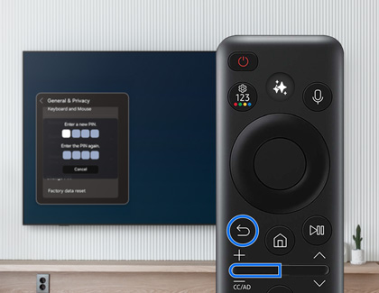 PIN reset screen on Samsung Smart TV with remote control in foreground.