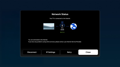 Network Status screen showing the TV successfully connected to the internet via Wi-Fi.