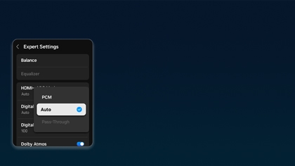 Dolby Atmos setting enabled in the Expert Settings menu on a Samsung TV with the Digital Output Audio Format set to Auto.