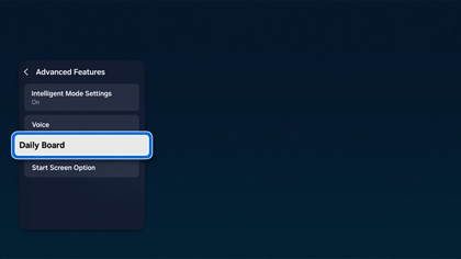Samsung TV settings menu showing the Advanced Features section with Daily Board highlighted.
