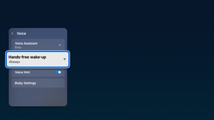 Samsung TV voice settings screen showing Hands-free wake-up set to Always with Bixby selected as the voice assistant.