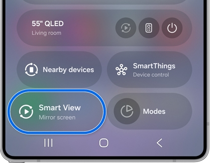Smart View icon highlighted on a Galaxy phone screen for mirroring to a Samsung TV.