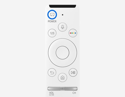 Samsung Frame TV remote showing the Power button highlighted for toggling Art Mode.