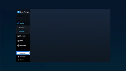 SmartThings dashboard on a TV with the Add device option highlighted for connecting a Bluetooth device.