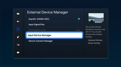 External Device Manager screen on a Samsung TV highlighting Input Device Manager.
