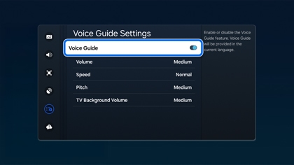 Voice Guide enabled in Voice Guide Settings for visually impaired users on a Samsung TV.