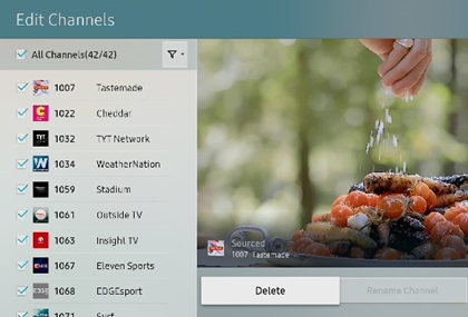 Edit Channels screen with all channels selected and Delete option at the bottom of screen