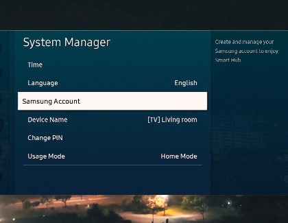 Samsung Account highlighted under System Manager