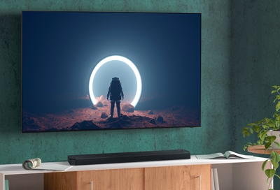 Samsung Home Theatre setup with space movie on TV