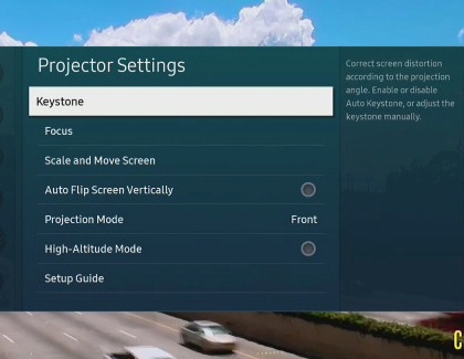 List of settings under Projector Settings on the Freestyle