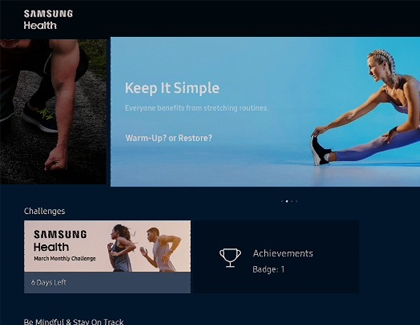 The Samsung Health app on a Samsung TV with a list of workout content