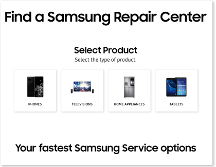 Samsung Service locator with a list of product types to select from