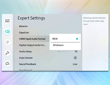 HDMI Input Audio Format selected with PCM highlighted