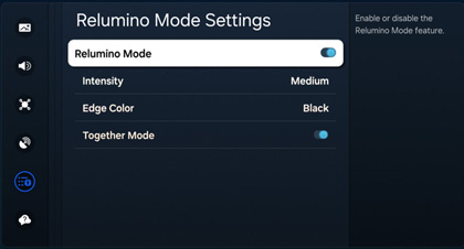 Relumino Mode settings screen on a Samsung TV showing adjustable options like Intensity, Edge Color, and Together Mode.