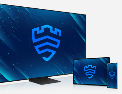 Blue Samsung Knox logo displayed on a Samsung TV, Galaxy tablet, and Galaxy phone