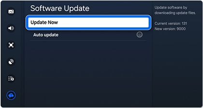 Samsung TV software update screen showing 'Update Now' selected.