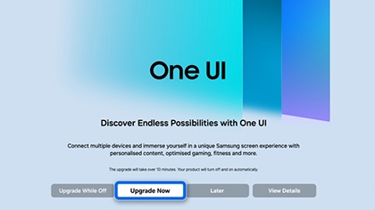 Samsung TV screen displaying One UI upgrade prompt with 'Upgrade Now' highlighted.