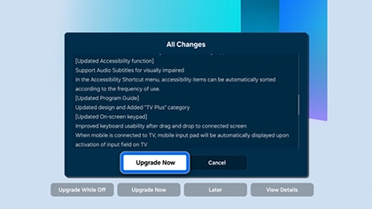 Samsung TV screen showing upgrade confirmation with a list of all changes and 'Upgrade Now' button highlighted.