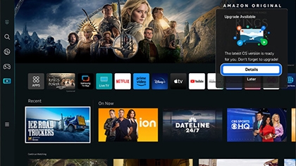Samsung TV home screen showing an upgrade notification for a new OS version, with 'Details' and 'Later' options.