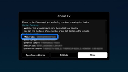 Samsung TV 'About TV' screen displaying model code and other device details, with a focus on the model code section.