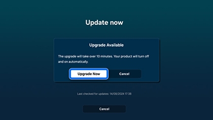 Samsung TV 'Update Now' prompt showing an available upgrade, with a message stating the upgrade will take over 10 minutes, and the 'Upgrade Now' button is highlighted.