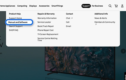 Samsung support website showing 'Manual and Software' option highlighted in the support menu.