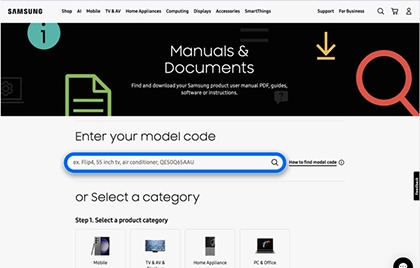 Samsung support website with a search bar for entering model codes to find manuals and OS upgrade files.
