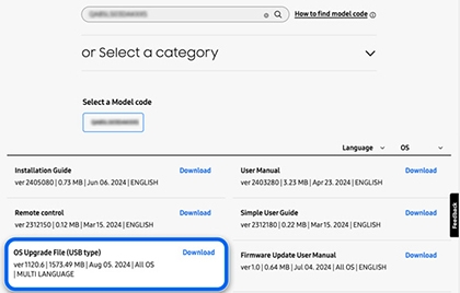 Samsung support website showing OS upgrade file available for download under 'OS Upgrade File (USB type)', with a download button highlighted.