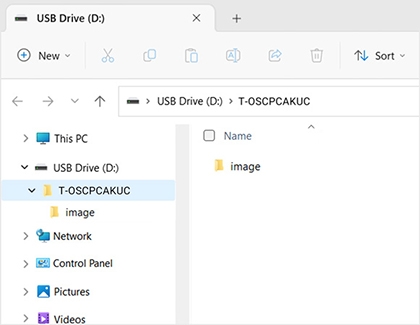 Windows file explorer showing the unzipped folder 'T-OSCPCACUK' with the 'image' folder inside, ready to be copied to a USB drive.