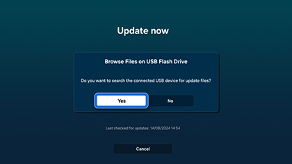 Samsung TV update prompt asking to browse files on the connected USB flash drive, with the 'Yes' button highlighted.